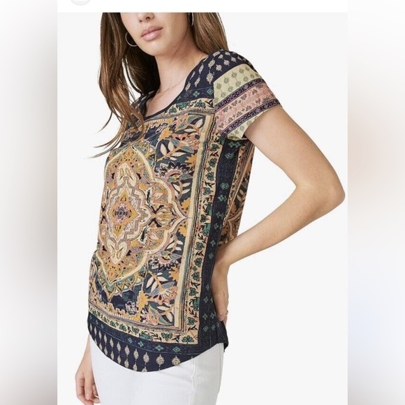 Lucky Brand blouse Persian art inspired pop over crewneck lightweight navy Large - Picture 8 of 8
